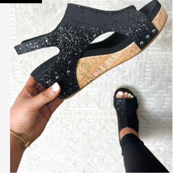 Black glitter sparkle Velcro ankle strap cork platform sandals. NWOT. Size 8 - Picture 1 of 7